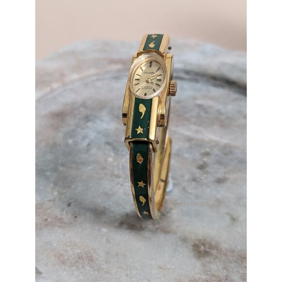 Vintage Chandler Gold Tone Manual Watch Deep Green Enamel Gold Stars & Acorns - Picture 2 of 9